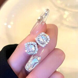 Square Halo‎ Cubic Zirconia Stud Earrings